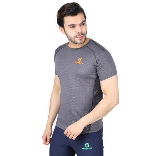Dark Grey Dotted Striped Short Sleeves – Round Neck
