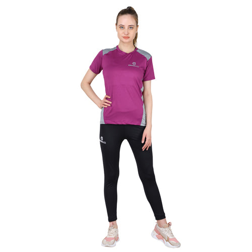 Dark purple with grey short sleeves round neck