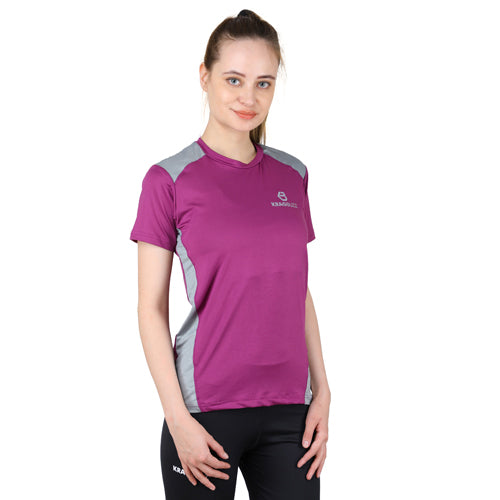 Dark purple with grey short sleeves round neck
